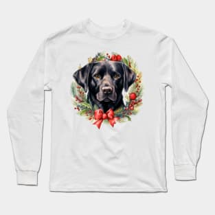 Christmas Black Labrador Retriever Dog Wreath Long Sleeve T-Shirt